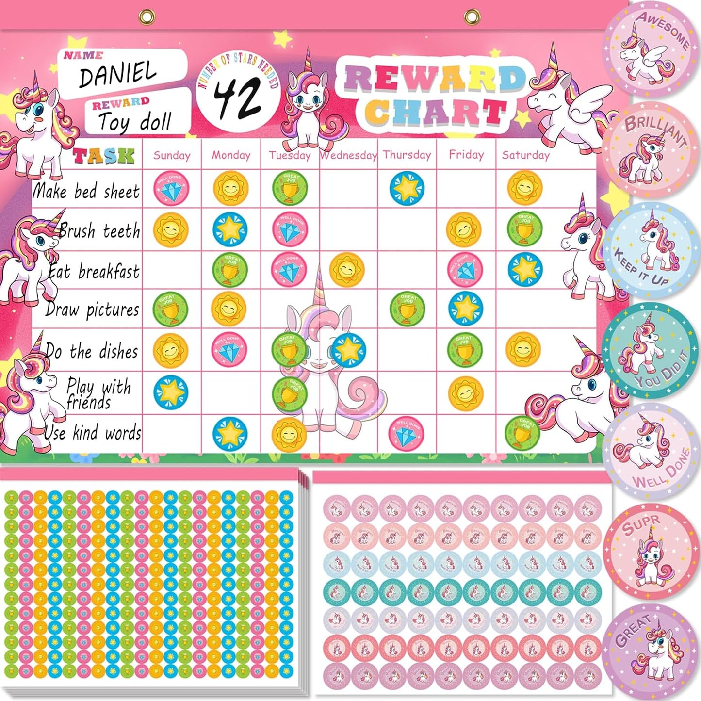 Skiennix Unicorn Magnetic Reward Chart for Kids - 26 Chore Charts & 2080 Star Stickers | Pink