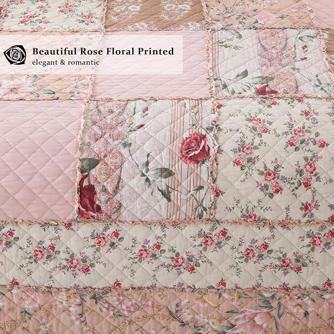 Yvooxny Quilts King Size Patchwork Pink Floral Quilt Set Vintage Shabby Chic Botanical Floral Quilted Bedspread 3-Piece Quilt Set with Ruffle for All Seasons, King Size, 106 * 98 Inches