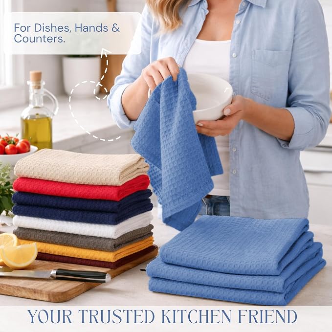 Sky Blue Kitchen Dish Towels Set of 12-100% Cotton Waffle Weave, Super Absorbent, Soft, Quick Drying, 16x26 Inches, Ideal for Cleaning, Bar, Tea, and Everyday Use, Light Blue