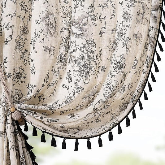 JINCHAN Linen Blend Floral Curtains for Living Room & Bedroom - 84 Inch Long Printed Curtains with Tassels & Rod Pocket - Farmhouse Rustic Peony Flower Patterned Drapes - 2 Panels