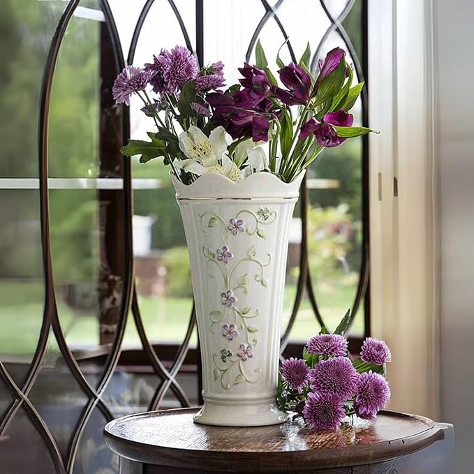 Belleek Irish Flax Vase - White Flower Vase Handcrafted Fine Parian China Irish Decor, 6" W x 9.5" H