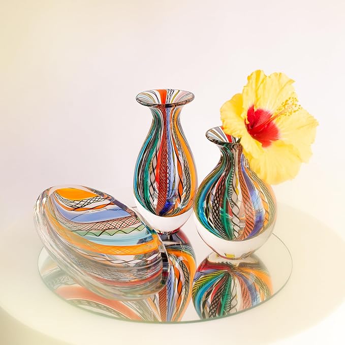 Ca D Oro Small Glass Vase Boho with Colored Canes Hand Blown Murano-Style Art Glass - Model Nº 2