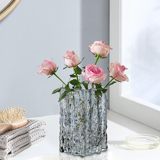 Aoderun Glass Vase Crystal Vase Heavy Duty Large Flower Vase for Dining Table Kitchen Office Home Shelf Wedding Living Room Centerpieces(Grey)