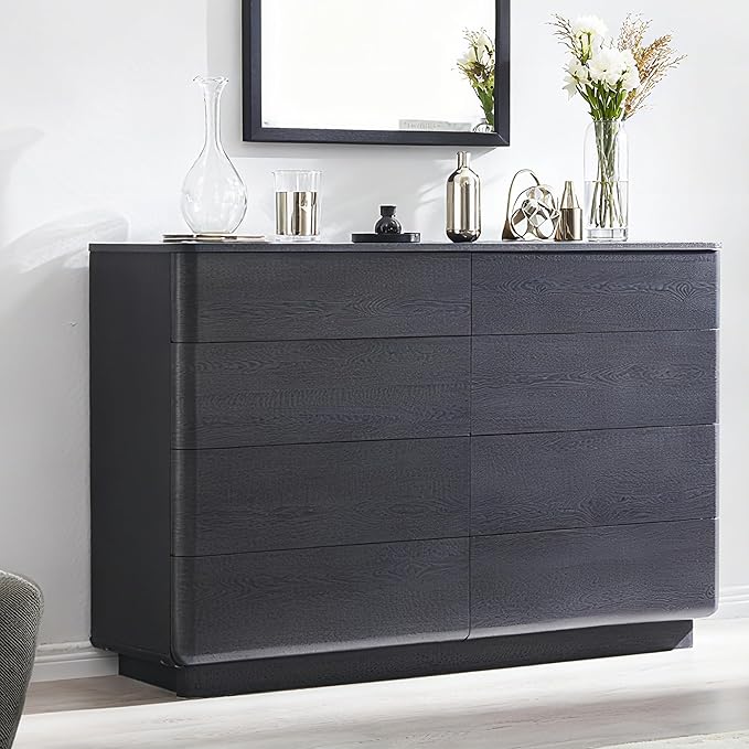 JXQTLINGMU 8 Drawer Dresser for Bedroom, Modern Push-to-Open Chest of Drawers, Large Wood Storage w/Curved Profile & Handleless Design, 52" Wide Dresser TV Stand for Bedroom, Living Room, Black