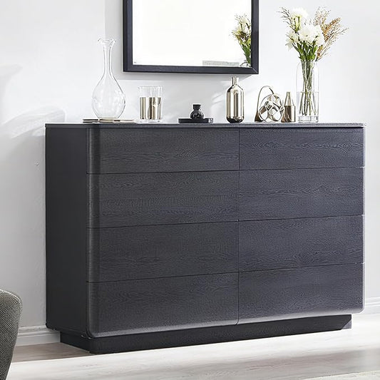 JXQTLINGMU 8 Drawer Dresser for Bedroom, Modern Push-to-Open Chest of Drawers, Large Wood Storage w/Curved Profile & Handleless Design, 52" Wide Dresser TV Stand for Bedroom, Living Room, Black