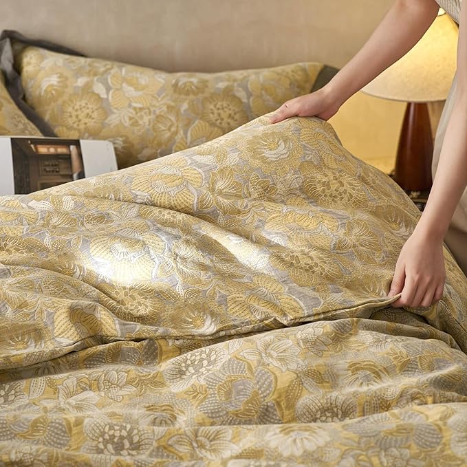 VM VOUGEMARKET Jacquard Floral Duvet Cover Set King,Yarn-Dyed Cotton Yellow Gold Flower Duvet Cover Bordered,Vintage Garden Style Bedding Set King