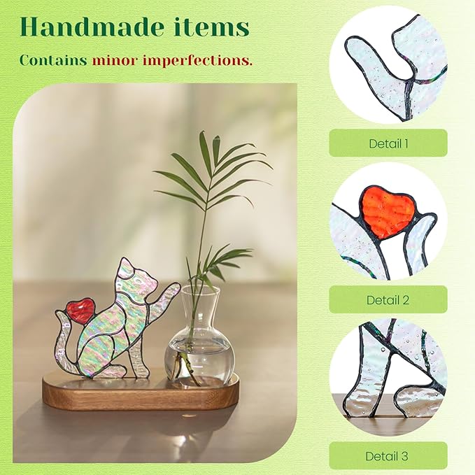 Hewory Handmade Cat Propagation Stations: Iridescent Stained Glass Cat Planter Pot with Wooden Stand for Desktop Decor for Plant Lovers Women