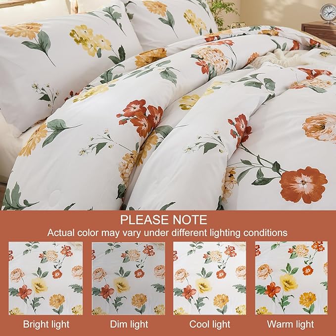 Yellow Floral Comforter Set Cute Botanical Bedding King 100% Cotton Floral Vintage & Country Cottage Bedroom Decor Soft Reversible