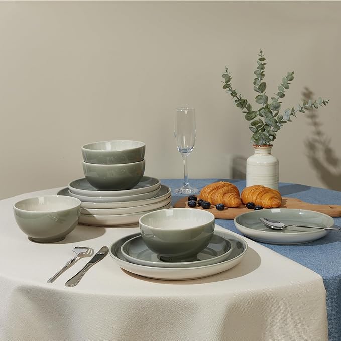 Pokini Stoneware Dinnerware Sets for 6, Microwave Safe Plate and Bowl Set, Easy to Clean & Durable Dishes Sets for Small to Medium Families, Gray Green
