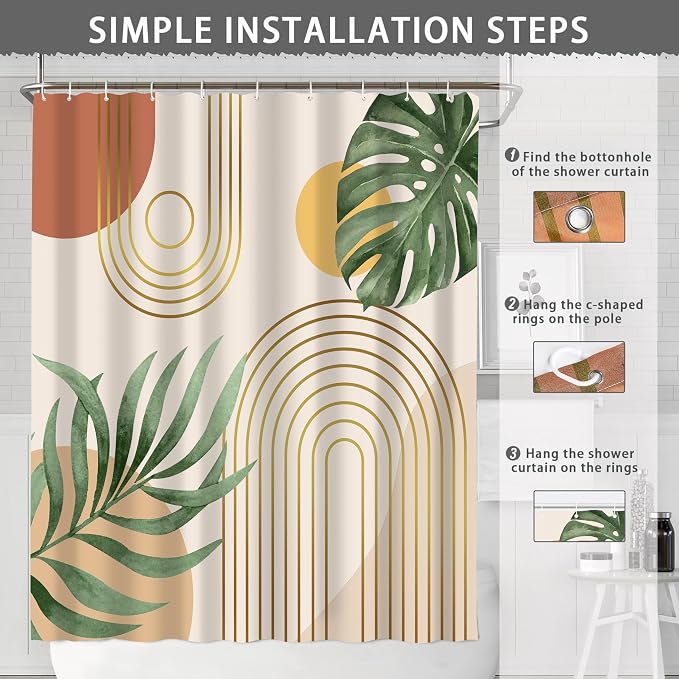 Mid Century Abstract Boho Aesthetic Shower Curtain Set, Green Nature Leaf Sun Modern Minimalist Home Bathroom Curtain Decor with 12 Hooks 72 Inch Wide * 84 Inch High