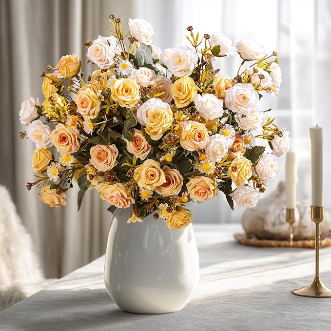 Artificial Rose Flowers for Outdoor 4 Bundles Rose Bouquet with Daisy Faux Flowers UV Resistant for Home Indoor Outside Garden Porch Window Box Balcony Yard Porch Fall Decor (White+Yellow)