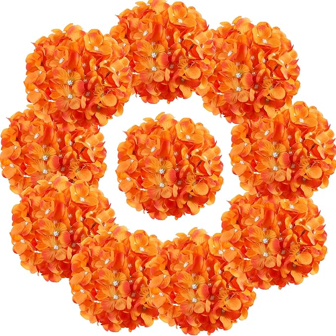 Silk Hydrangea Heads with Stems Artificial Flowers Heads for Home Wedding Decor,Pack of 10 (Orange)