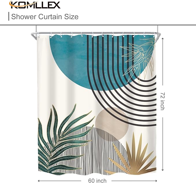 KOMLLEX Mid Century Boho Shower Curtain for Bathroom Decor Abstract Blue Modern Minimalist Grey Aesthetic Sun Arch Curve Leaves Geometric Neutral Fabric Waterproof Polyester 12 Pack Hook 60Wx72L