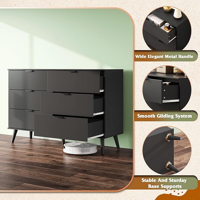 WLIVE Black Dresser for Bedroom, 47.24'' Wide 6 Drawer Wooden Dresser Storage Organizer with Sturdy Metal Handle, TV Stand for 55 inch TV, Chest of Drawers for Living Room, Hallway, Closet