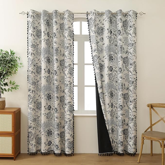 Blackout Black Floral Farmhouse Curtains Living Room Thermal Insulated Drapes, Elegant Peony Pattern & Tassel Curtains 2 Panels Blocking Curtains for Windows Floral Drapes (52W*84L)