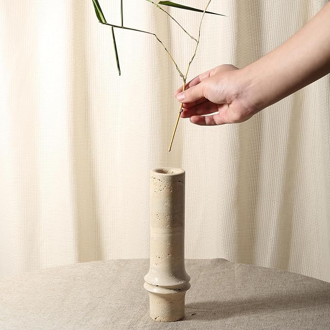 Flower Vase for Home Decor, Marble Bamboo Vase Rustic Vintage Decorations for Living Room, Table, Bathroom, Holiday & Weddings (Travertine)