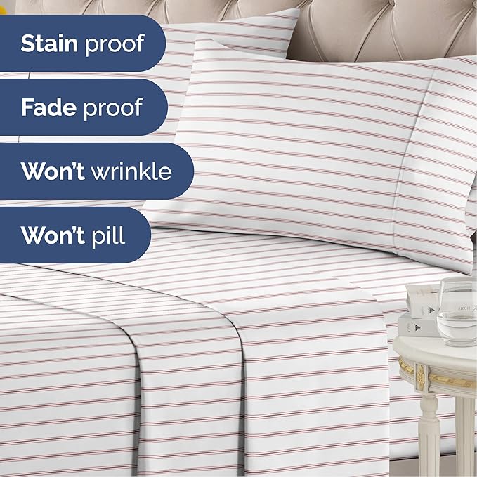 Striped Sheets - Red & White Striped Sheets - 1 Flat & 1 Fitted & 2 Pillowcases w/ Deep Pockets – Comfy, Wrinkle & Fade Free - Soft, Breathable & Cooling – Luxury Pinstripe Bedding - Full Size Bed Set