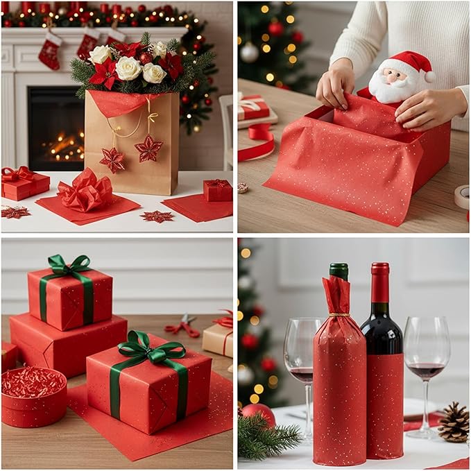 Qilery 500 Sheets Christmas Glitter Red Tissue Paper Bulk 15 x 20 Inch Sparkle Wrapping Paper for Gift Bags Acid Free Tissue for Christmas Craft Supplies, Bouquets, Garlands, Forming Pompoms, Wedding