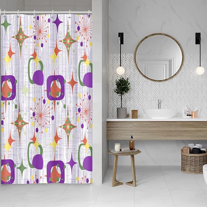 Mid Century Shower Curtain, 48x72inch, Modern Abstract Retro Purple Striped Geometric Shower Curtain Sets 1950s Boho Bathroom Shower Curtain with 8 Hooks