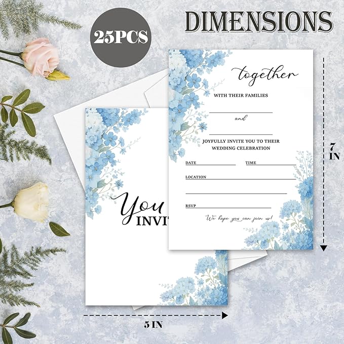 Dusty Blue Floral Wedding Invitations, 5"x 7" Elegant Wedding Invites Card With Envelopes, 25 PCS for Party Decorations and Supplies - A15