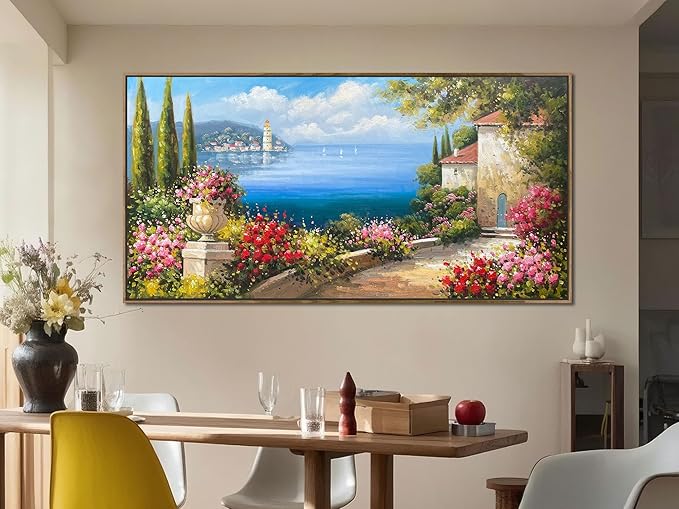 Arjun Large Wood Framed Landscape Wall Art Canvas Living Room Hand Painted, Mediterranean Seascape Painting Bedroom Flower Blue Ocean Picture Artwork Home Office Wall Decor, 48"x24"