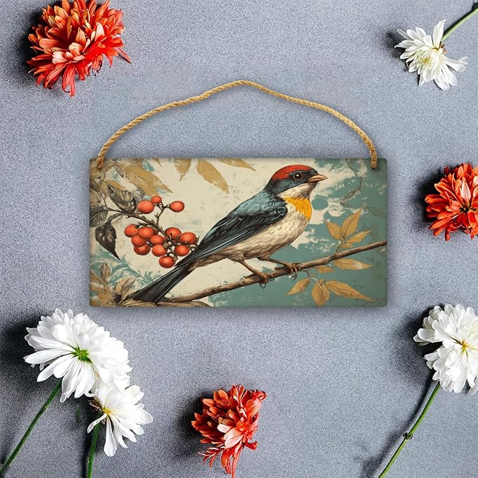 Vintage Bird Themed Wood Plaque Wooden Wall Decor 12x6 Inch Farmhouse Home Decor Entryway Kitchen Bedroom Nursery Art for Nature Lovers Rustic Hanging Decors