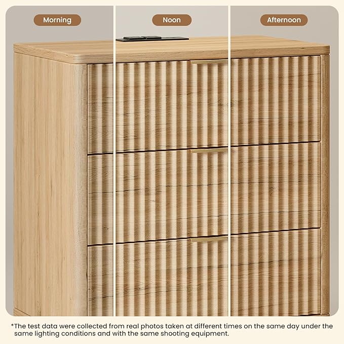 30" Tall Fluted NightStand,3 Drawers End Table with Charging Station,Modern Side Table with Storage, Night Stand Wood Bedside Tables for Bedroom,Curved Profile Design,Natural Oak