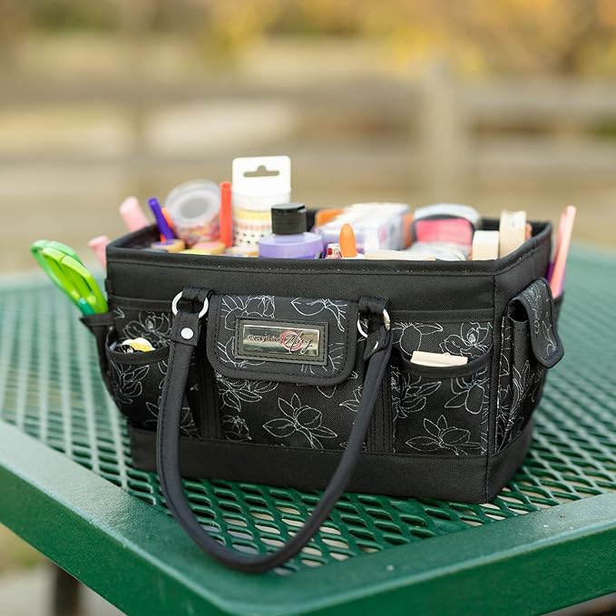 Everything Mary Deluxe Store & Tote Organizer – Black & White Floral Craft Bag with Handle – Collapsible Storage for Scrapbooking, Sewing, DIY Tools & Art Supplies