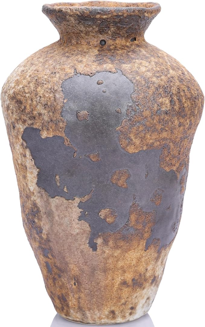 Small Stone Vase for Rustic Home Decor, Farmhouse Antique Pottery Vase Furniture&Table Flower Decorative, Round Terracotta Vases for Living Room Decor, Modern Rustic Concrete Clay Art Vases