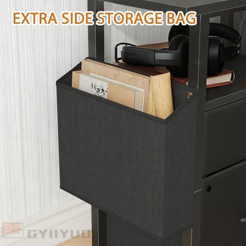 GYIIYUO 2 Drawer File Cabinet - Mobile Rolling Filing Cabinet with Extended Desktop & Side Bag - Black