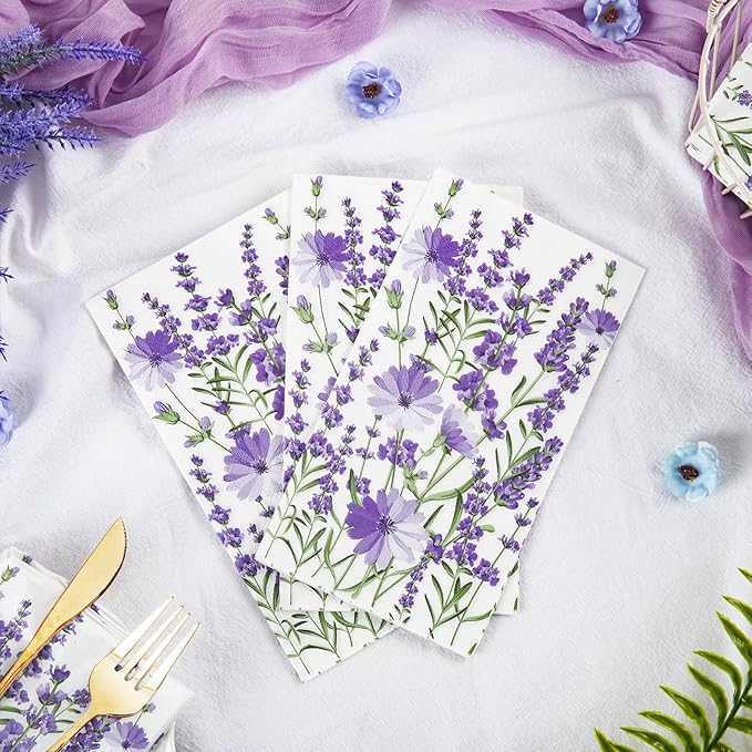Homlouue Purple Lavender Floral Napkins, 100PCS 3 Ply Guest Towels Disposable Bathroom, Floral Paper Napkins Disposable, Flower Paper Napkins Decorative for Spring Summer Fall Party Decorations