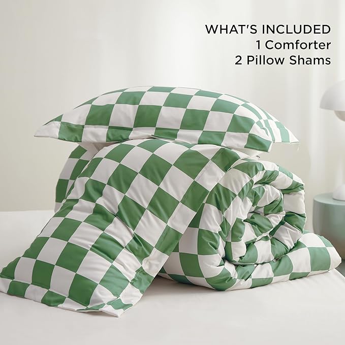 Bedsure Comforter Set Queen Size - Checkered Bedding Comforter Set for Boys, 3 Pieces, 1 Soft Green Comforter and 2 Pillow Shams