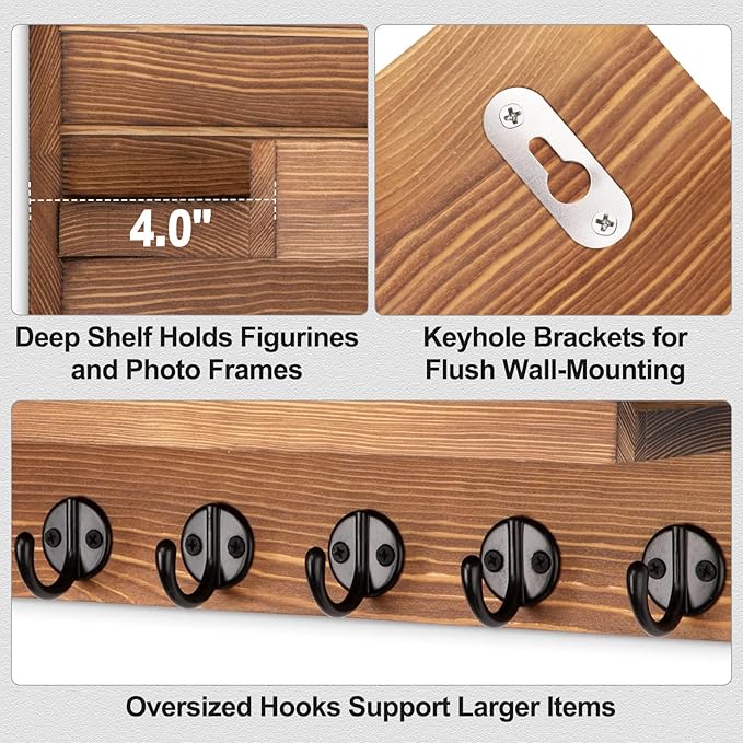 Lwenki Key Holder Wall Mount, Entryway Key and Mail Holder with 7 Sturdy Hooks for Sunglasses, Dog Leash, Decorative Wall Shelf with Mounting Hardware, 15”W x 6.7”H x 4.2”D