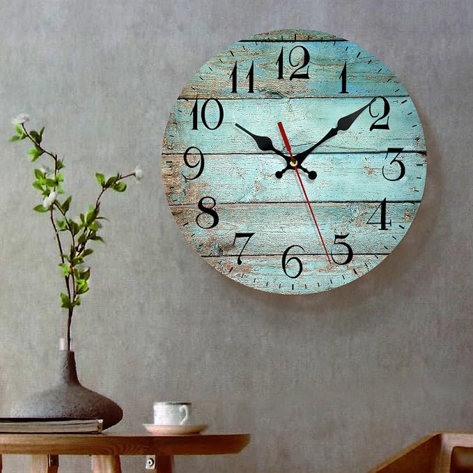 ArtSocket Turquoise Wooden Wall Clock Silent Non-Ticking, Teal Green Blue Wooden Grain Cracked Vintage Round Wall Clocks Decor for Home Kitchen Living Room Office, Battery Operated(12 Inch)