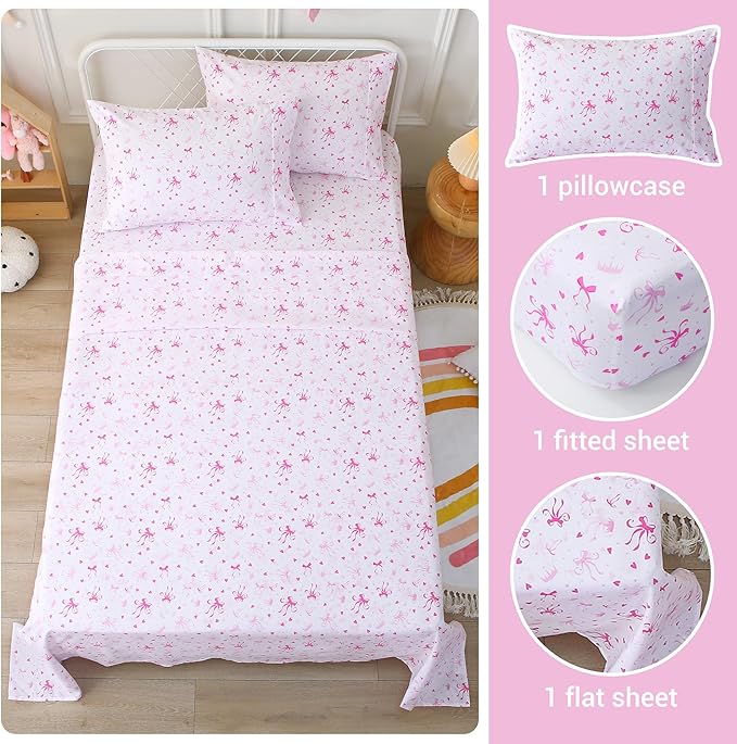 Viviland 4 Pieces Girls Pink Full Sheet Set - Soft Microfiber Fitted Flat Sheets & Pillowcases - Pink Bow Print Bedding Sets- for Kids & Toddlers