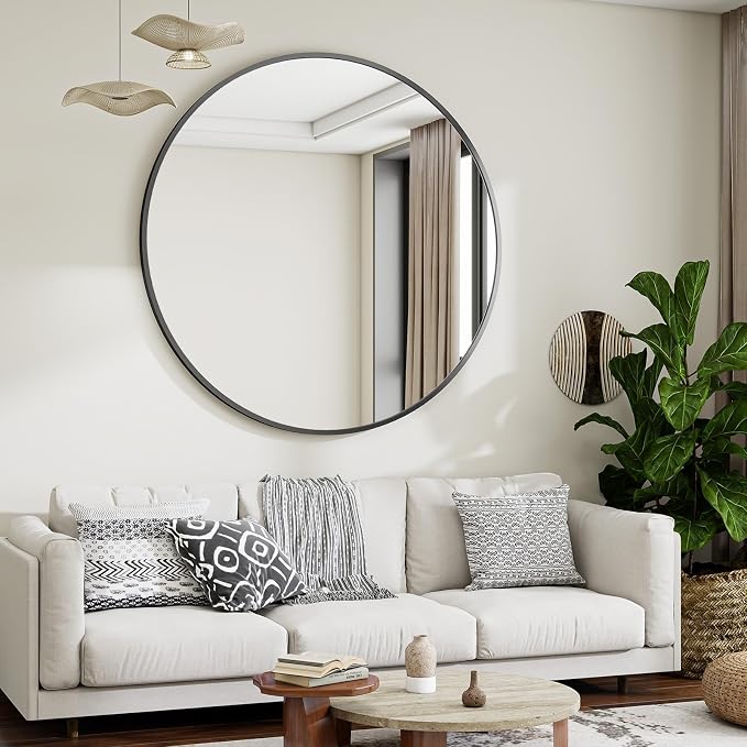 VooBang Large Black Round Bathroom Mirror, 48 inch Circle Wall Mounted Hanging Mirror with Simple Modern Circular Metal Frame for Hallway, Entryway, Living Room, Black Frame