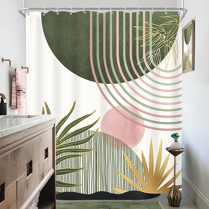 KOMLLEX Mid Century Sage Green Pink Boho Shower Curtain 60Wx72L Inches Abstract Modern Shower Curtains for Bathroom Plant Botanical Minimalist Arch Sun Fabric Liner Waterproof Polyester 12 Pack Hooks