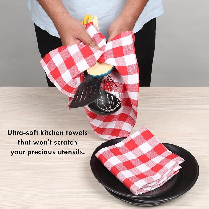 Gingham Check Dish Towels 12 Pack, 18"x26", Absorbent Hand Towels for Kitchen Use, Quick Dry Cloths, 100% Cotton, Durable Washable Rags, Reusable Dishcloth Set - Red, White