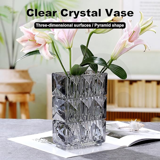 Glass Flower Vase, Clear Crystal Vases for Centerpieces, Heavy Handmade Modern Vases for Decor Home Bedroom Kitchen Office Living Room, 7.88 Inch (Clear Gray)