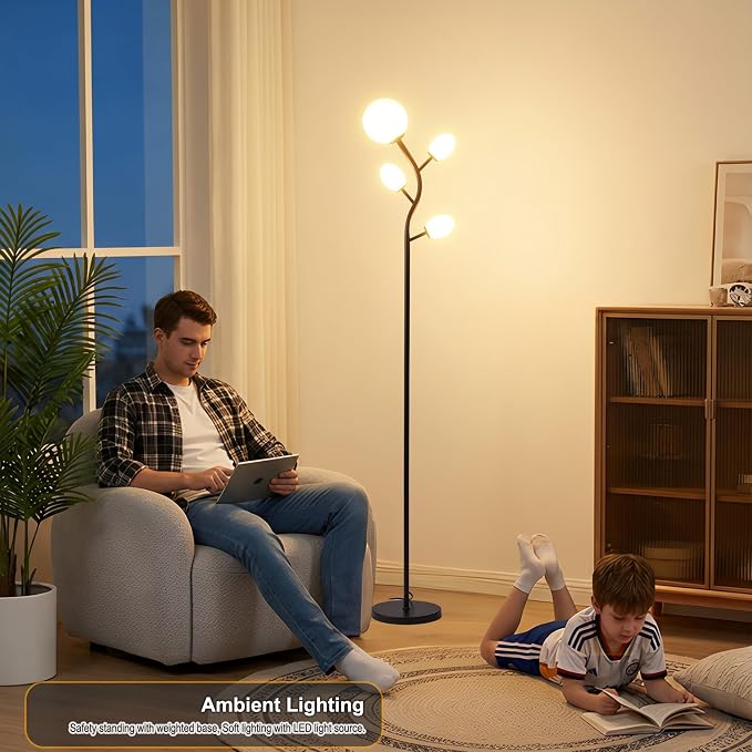 Fiqevs 4 Globe Floor Lamp for Living Room, Mid Century Modern Standing Lamp with 2700K LED Bulbs, Frosted Glass Shade Tall Lamp for Bedroom, Matt Black