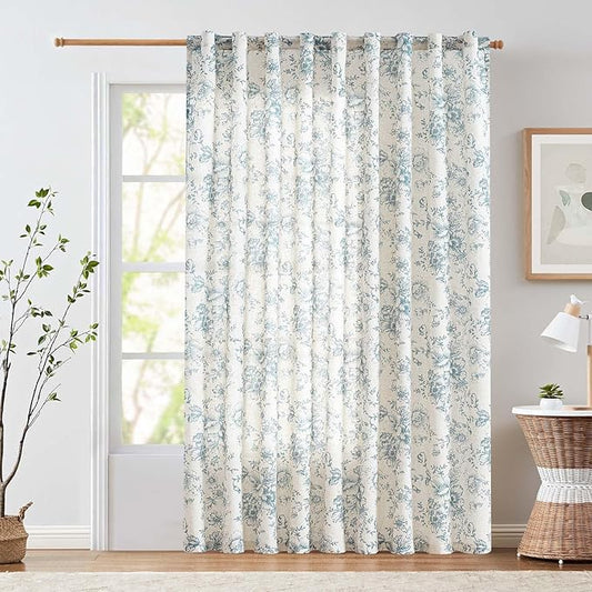 jinchan Linen Floral Curtains Extra Wide for Patio Sliding Glass Door Room Divider Curtain for Living Room 90 Inch Length Farmhouse Peony Blue Printed Curtain Set 1 Panel