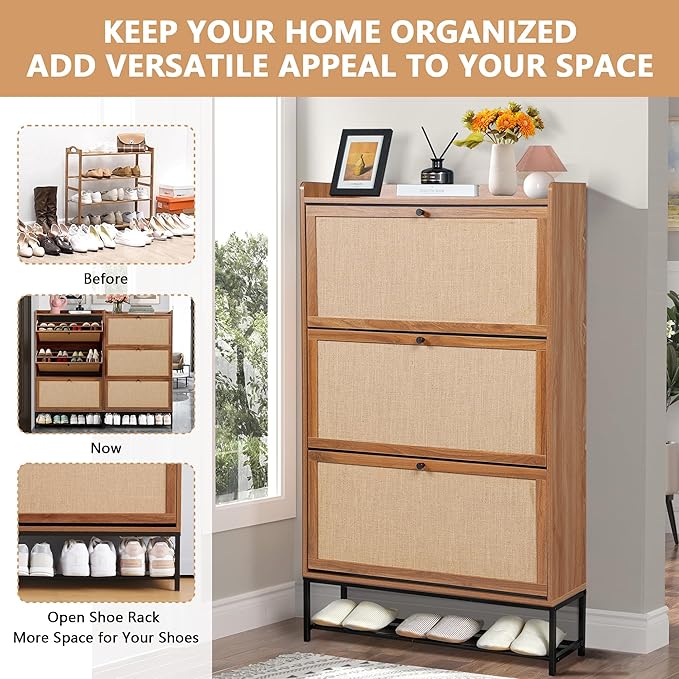 LEVNARY Shoe Cabinet for Entryway, Slim Shoe Cabinet with 3 Flip Drawers Narrow Shoe Storage Cabinet, 4 Tier Freestanding Shoe Organizer for Entryway, Hallway (2, Walnut)