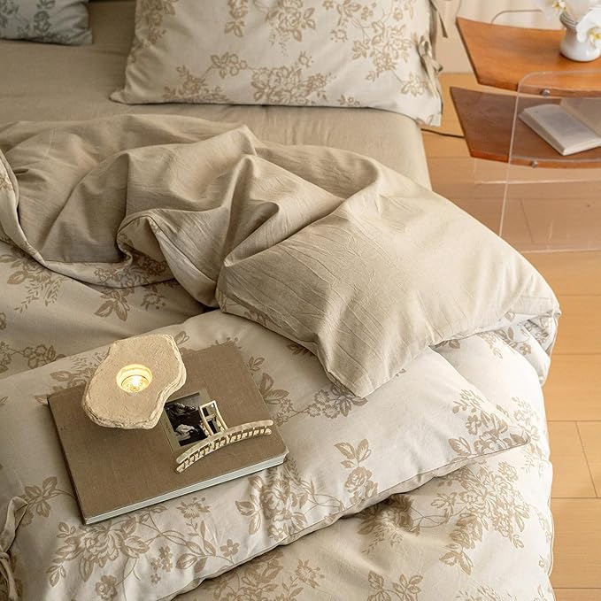 VM VOUGEMARKET Linen Cotton Duvet Cover Set King Retro Monet Flower Bedding Set,Jacquard Yarn-Dyed Textured Comforter Cover with Bowknot-104 x90,Khaki