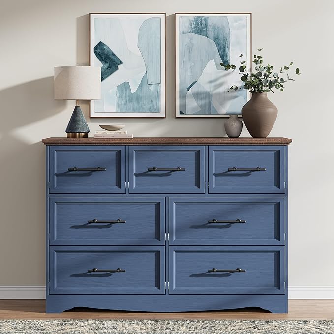 Blue Dresser for Bedroom, Modern 7 Chest of Drawers, 47" Wide Chest of Drawers w/Brushed Metal Handle, Wood Closet Organizers and Storage Cabinet for Bedroom, Living Room, Hallway