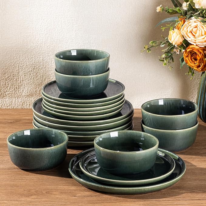 GBHOME Ceramic Dinnerware Sets for 4, 12 Pieces Stoneware Plates and Bowls Sets, Scratch Resistant Dishes, Dishwasher & Microwave Safe, Reactive Glaze-Earth Green