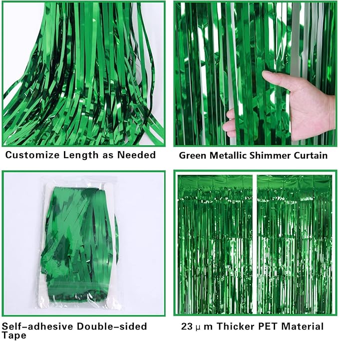 2 Pack Green Tinsel Curtain Party Backdrop, 3.2Ft x 8.2Ft Metallic Tinsel Foil Fringe Curtains Photo Booth Props Background for Christmas St Patrick’s Day Safari Tropical Bachelorette Decorations