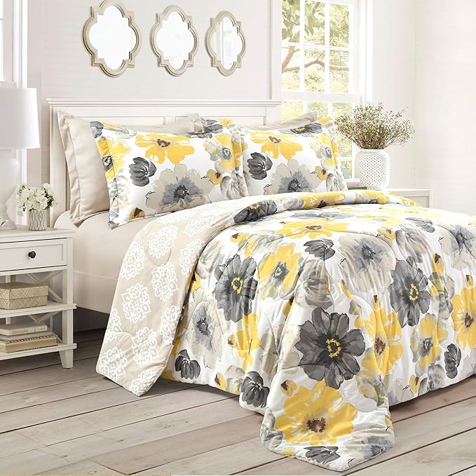 Lush Decor Leah Reversible Comforter Set, 6 Piece Set, Full/Queen, Yellow & Gray- Watercolor Botanical Comforter Queen Size-Farmhouse Florals Bedding Decor