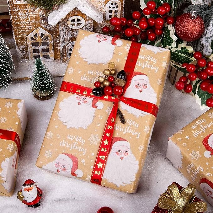 MAYPLUSS Christmas Wrapping Paper Roll - 17IN X 33FT - Kraft Gift Wrapping Paper Featuring Cute Santa Claus Snowflake Reversible Cut Lines for Kids, Holiday, New Year