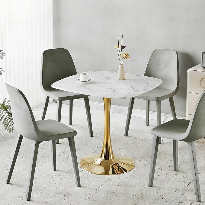 31.5 Inch Square Dining Table for 2 to 4 Person Mid Century Modern Tulip Table with Metal Pedestal Base Thick MDF Top for Apartment Kitchen Bistro Office, White and Golden