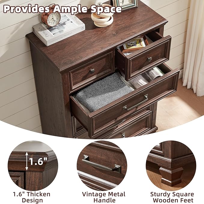 Farmhouse 6 Drawer Dresser for Bedroom, 45 Inch Tall Vintage Wood Chest of Drawers, Mid-Century Dressers w/Square Wooden Legs, Rustic Storage Organizer for Living Room, Hallway, Walnut